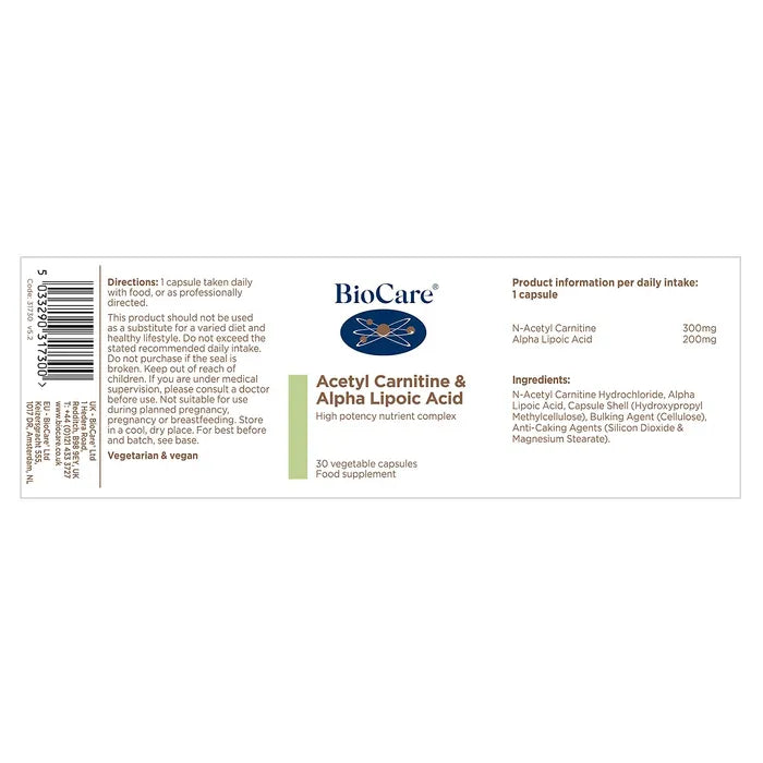 Acetyl carnitine & alpha lipoic acid (30 capsules)