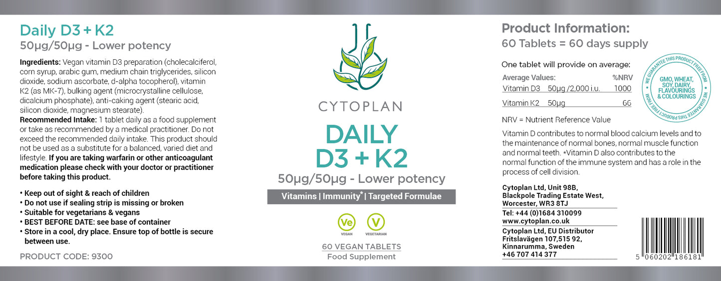 Lower potency Vitamin D3+K2 (60 capsules)